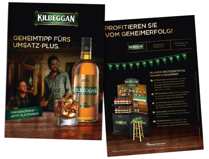 Kilbeggan Whiskey POS Präsentation an einem Verkaufsstand mit aufmerksamkeitsstarken Promotionsaufstellern